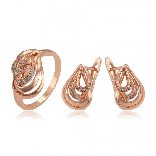 Elegants komplekts (auskari + gredzens) ar baltiem cirkoniem, rozā zelta pārklājums, dažādi gredzenu izmēri